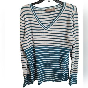 Croft & Barrow Teal White Striped Long Sleeve Ribbed Top 100 Cotton Sz XL
